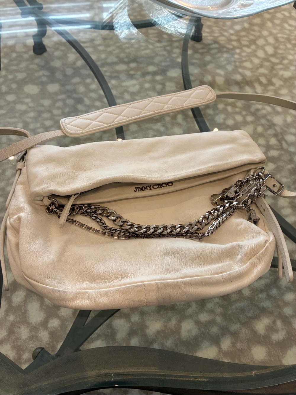 Jimmy Choo Cream biker bag Leather Shoulder Bag with Silver Chain Strap